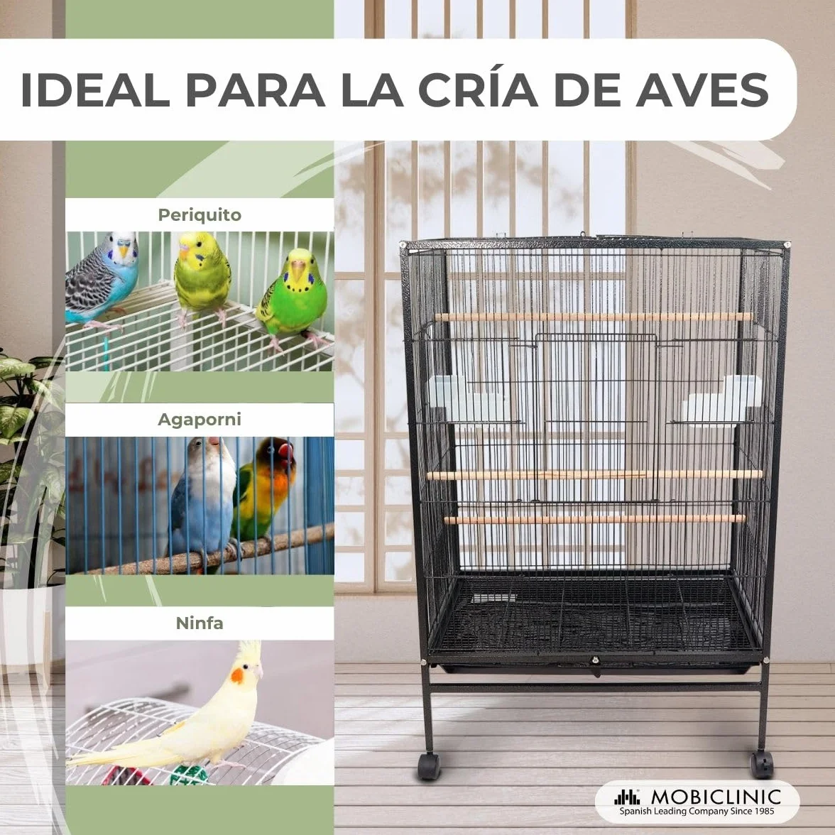 Mobiclinic®, Jaula de Pájaros, XL, con Ruedas, Frenos, Apertura Superior, Bandeja Extraíble, 8 Puertas, Grande, 95x43x61.5 cm, Comederos, Bebederos, Perchas Descanso, Agapornis, Loros, NINFA