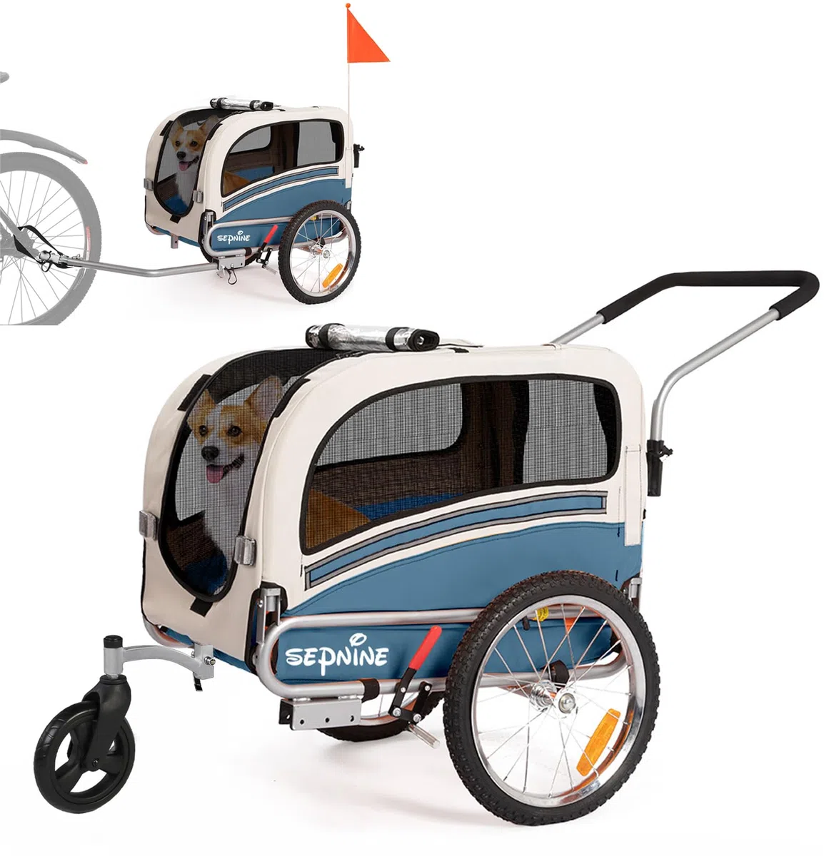 Sepnine Remolque Bicicleta Perros Carro Cochecito para Transporte Mascota 2 en 1 Convertible En Carro para Correr con Barra Y Kit De Footing Azul