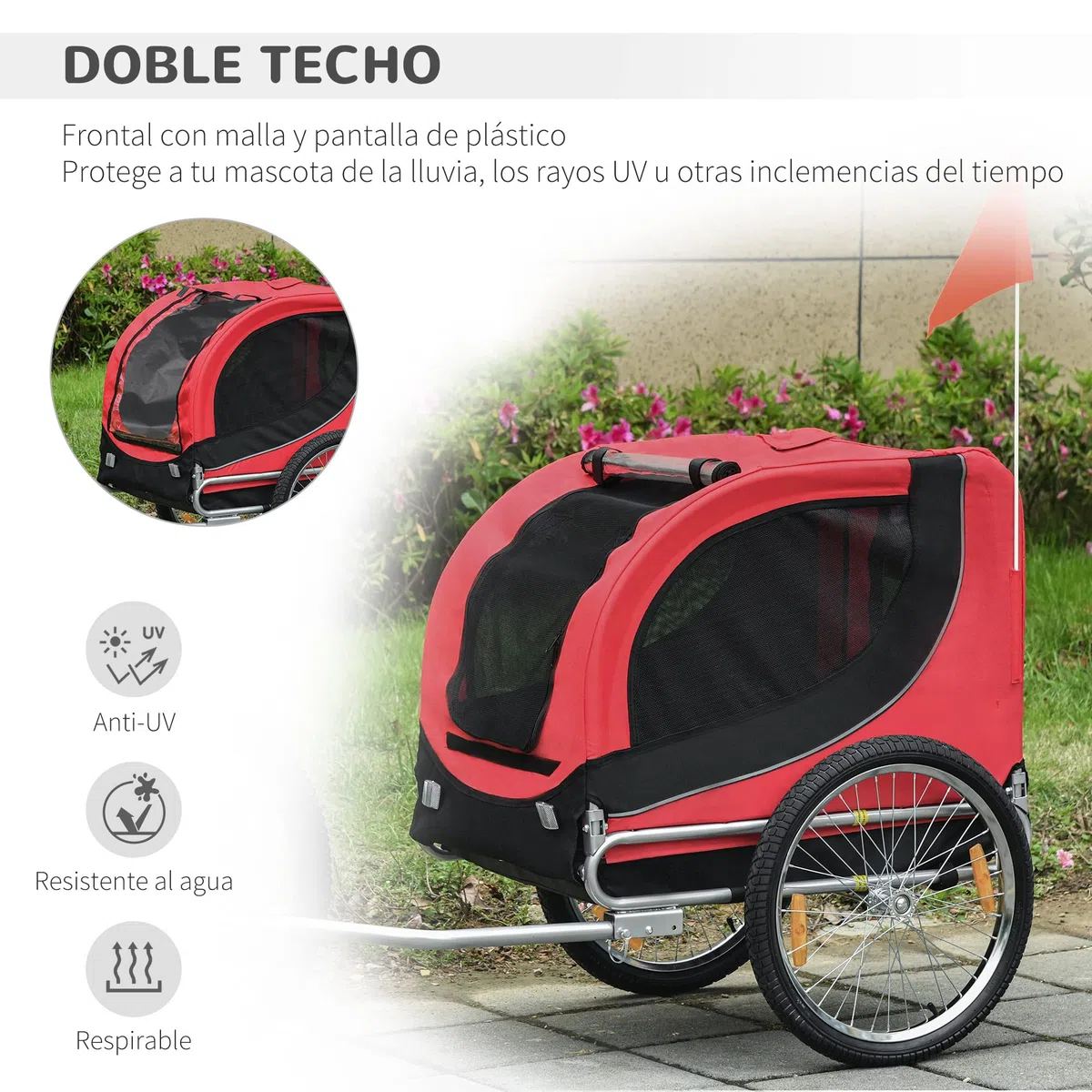 PawHut Remolque Bicicleta Perros Mascota 1 Bandera 8 Reflectores Remolque Bici 130x73x90 cm Rojo Negro
