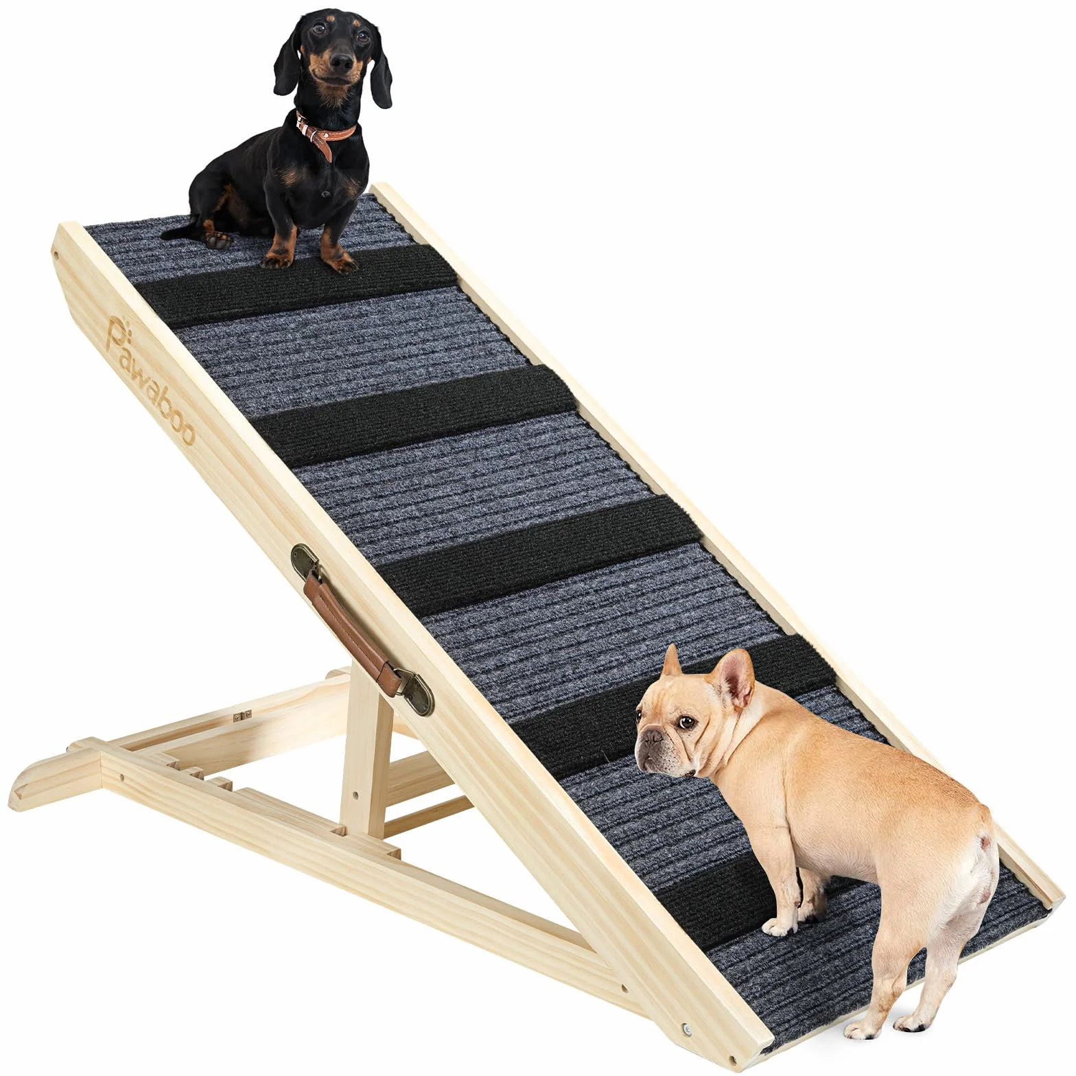 Pawaboo Rampa para Perros Cama, Rampa para Mascotas Madera, 4 Altura Ajustable29,5/37/45/57cm con Alfombra Antideslizante, Escalera de Perros Pequeños Medianos Gatos para Sofá Cama Coche, Madera