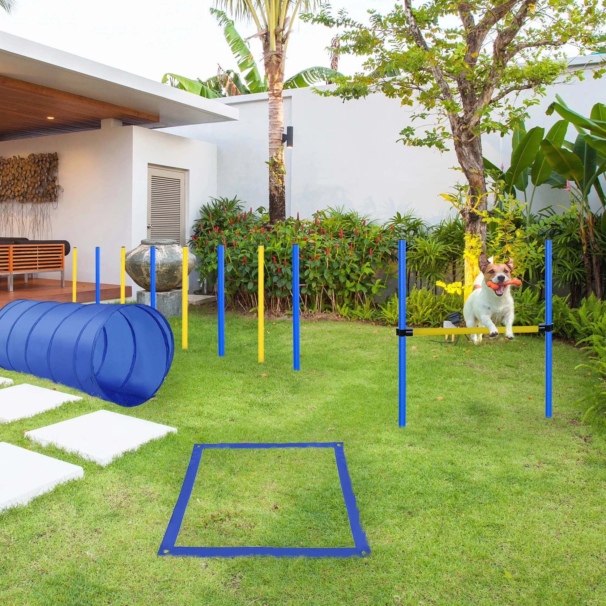 Set de Entrenamiento de Agilidad para Perros Obstáculos de Salto con Altura Ajustable Túnel para perros para Exteriores con Bolsa de Transporte 60x60x148 cm Azul y Amarillo