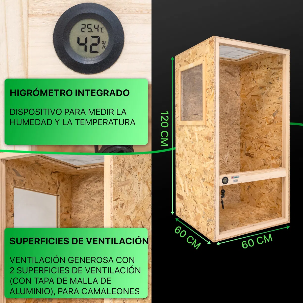 ITA Terrario para Camaleón 120x60x60 cm con ventilación de superficie e higrómetro integrado - Terrario de madera de OSB-3 placas - Terrarios para camaleones y otras especies animales - Producto de la