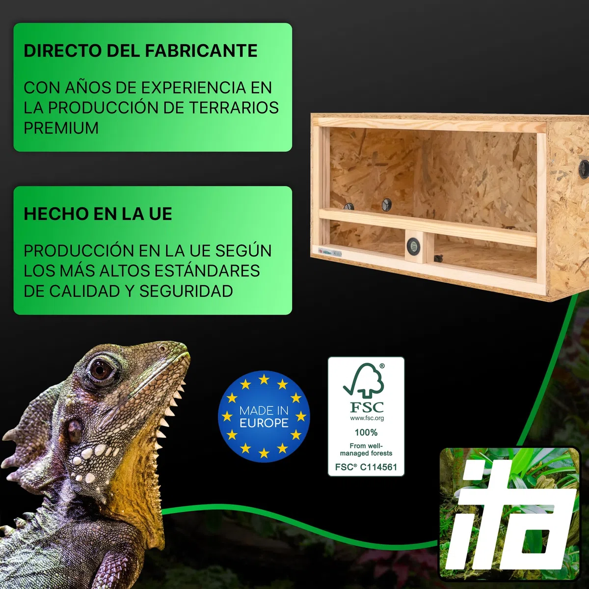 ITA Terrario de Madera 80x40x40 cm con ventilación Lateral e higrómetro Integrado - Terrarios de OSB-3 - para Reptiles, Serpientes, Anfibios - Producto UE, Certificado FSC
