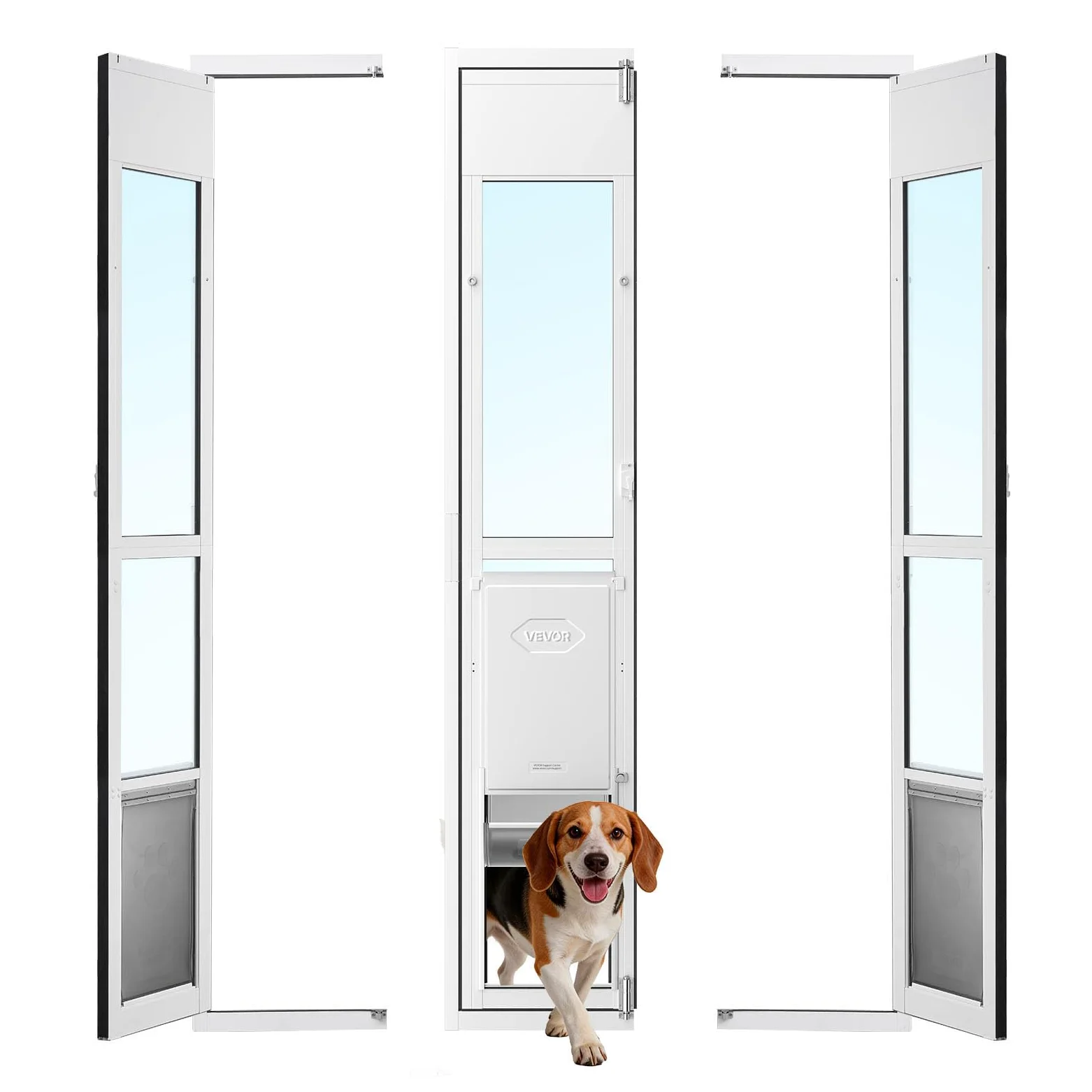 VEVOR Puerta Batiente de Vidrio con Entrada para Perros, Puerta para Mascota 26 x 41,3 cm, Marco de Aleación de Aluminio, Instalación sin taladrar, Compatible con Perros Grandes Gatos, Color Blanco