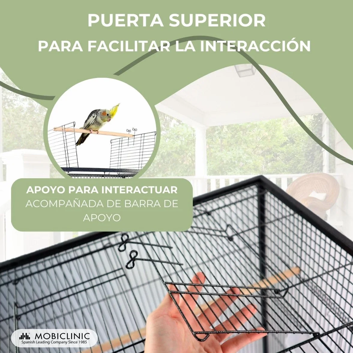 Mobiclinic®, Jaula de Pájaros, XL, con Ruedas, Frenos, Apertura Superior, Bandeja Extraíble, 8 Puertas, Grande, 95x43x61.5 cm, Comederos, Bebederos, Perchas Descanso, Agapornis, Loros, NINFA