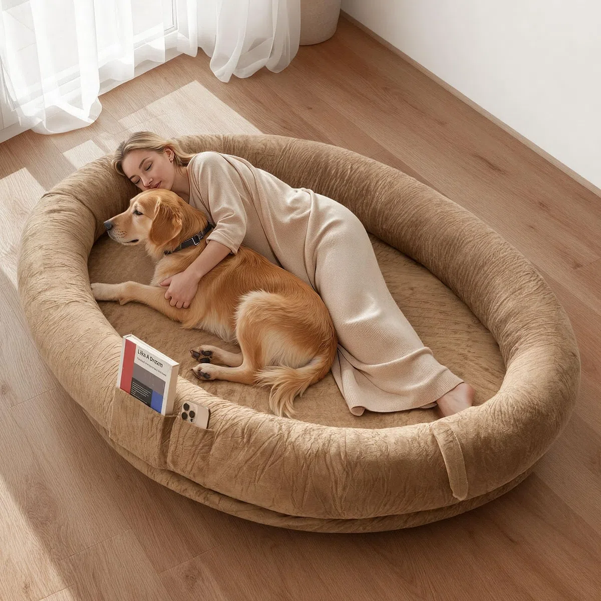 VEVOR Cama para Perros de Diseño Ovalado, Tamaño Humano, 177 x 123 x 24 cm, Ortopédica, de Espuma Viscoelástica, con Bolsillo Lateral, Asa y Cremallera, Funda Extraíble y Lavable a Máquina, Marrón