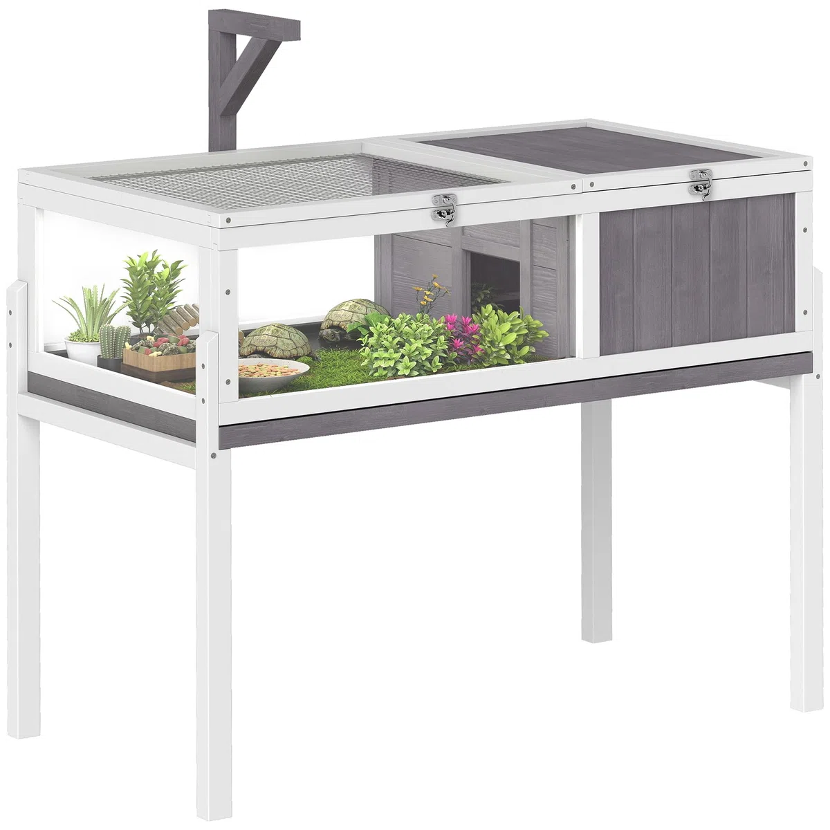 PawHut Casa para Tortugas de Madera, Terrario para Reptiles con 2 Techos Abatibles, Bandeja Extraíble, Soporte para Lámpara, Paneles Transparentes, Pestillo de Seguridad y Cuenco