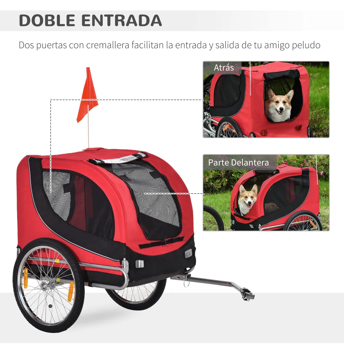 PawHut Remolque Bicicleta Perros Mascota 1 Bandera 8 Reflectores Remolque Bici 130x73x90 cm Rojo Negro