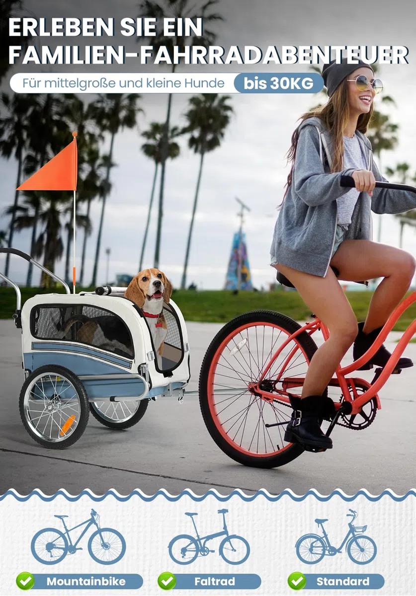 Sepnine Remolque Bicicleta Perros Carro Cochecito para Transporte Mascota 2 en 1 Convertible En Carro para Correr con Barra Y Kit De Footing Azul