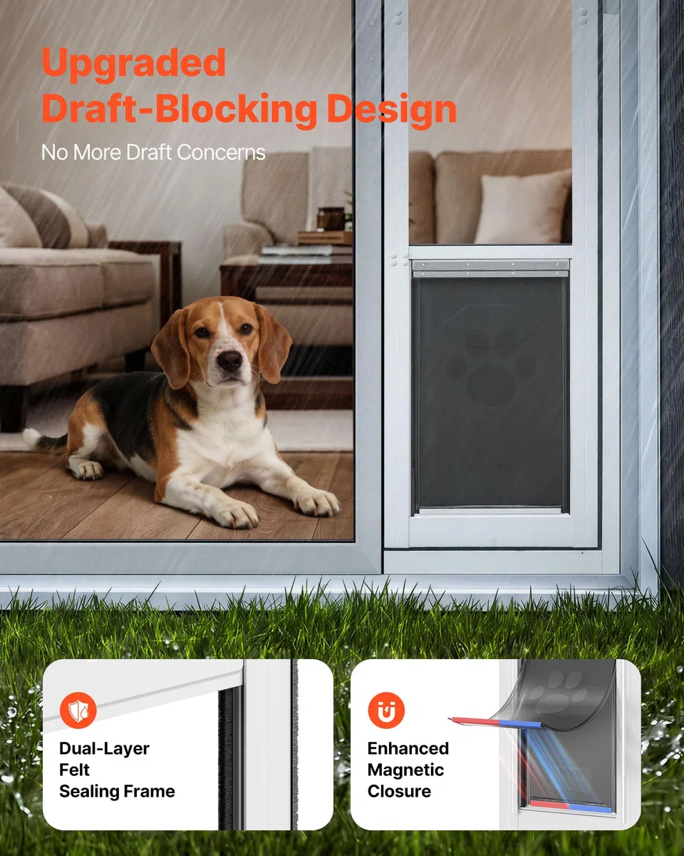 VEVOR Puerta Batiente de Vidrio con Entrada para Perros, Puerta para Mascota 26 x 41,3 cm, Marco de Aleación de Aluminio, Instalación sin taladrar, Compatible con Perros Grandes Gatos, Color Blanco