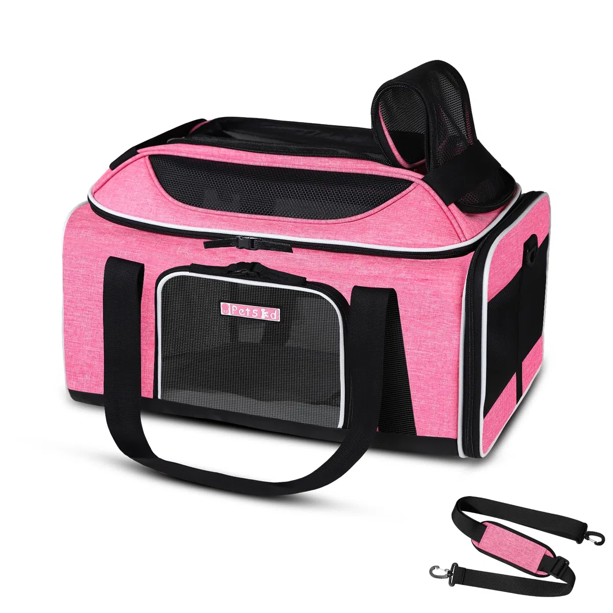 Petskd Transportín expandible de 41,18 x 30,48 x 21,59 cm, aprobado por JetBlue, Allegiant y Spirit, blando, para perros y gatos pequeños, con cremalleras de seguridad y malla antiarañazos (rosa)