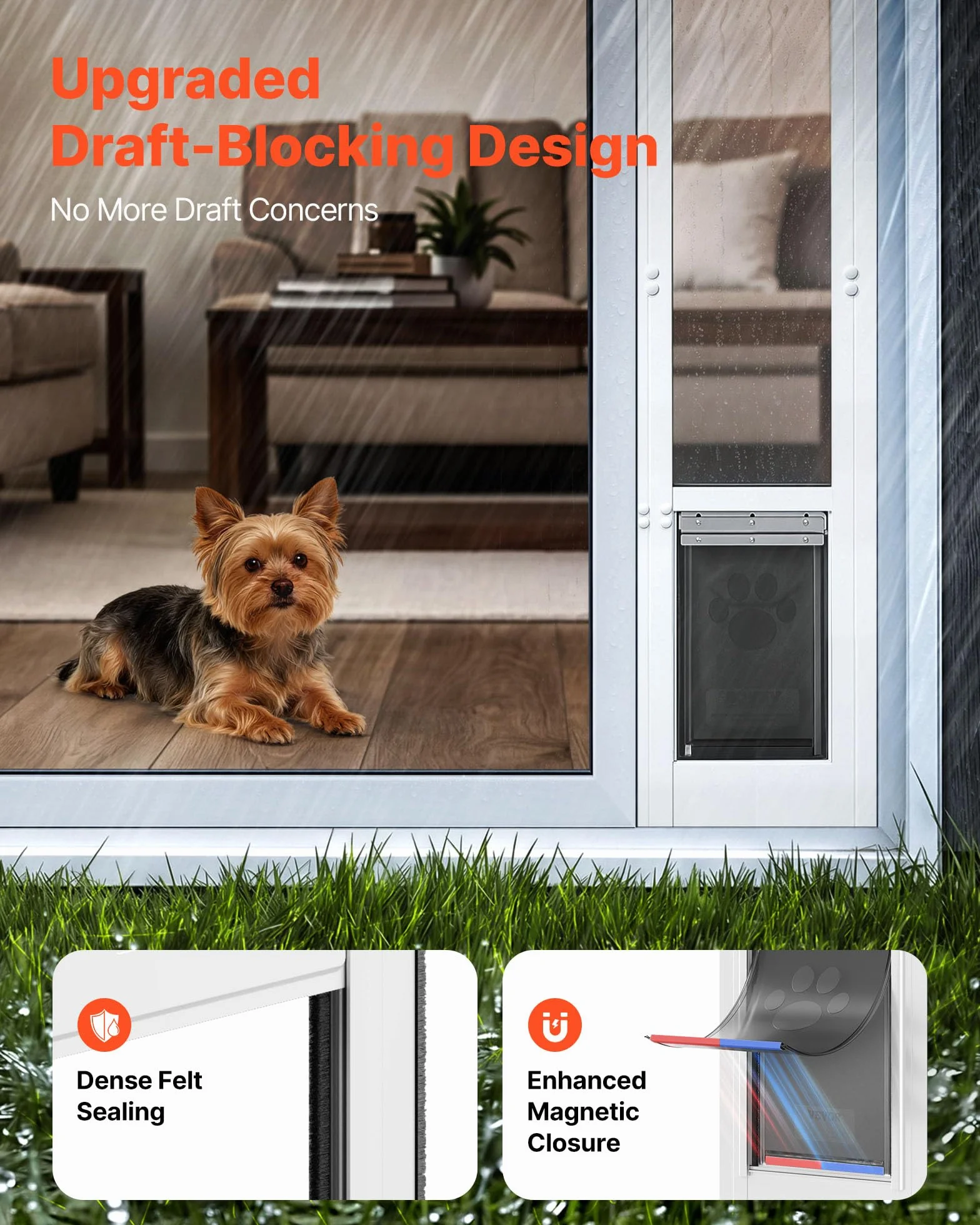 VEVOR Puerta Corrediza de Vidrio con Entrada para Perros, Altura Ajustable, Puerta para Mascota 20,6 x 13,3 cm, Compatible con Perros Pequeños, Marco de Aluminio, para Patio Balcón Terraza, Blanco
