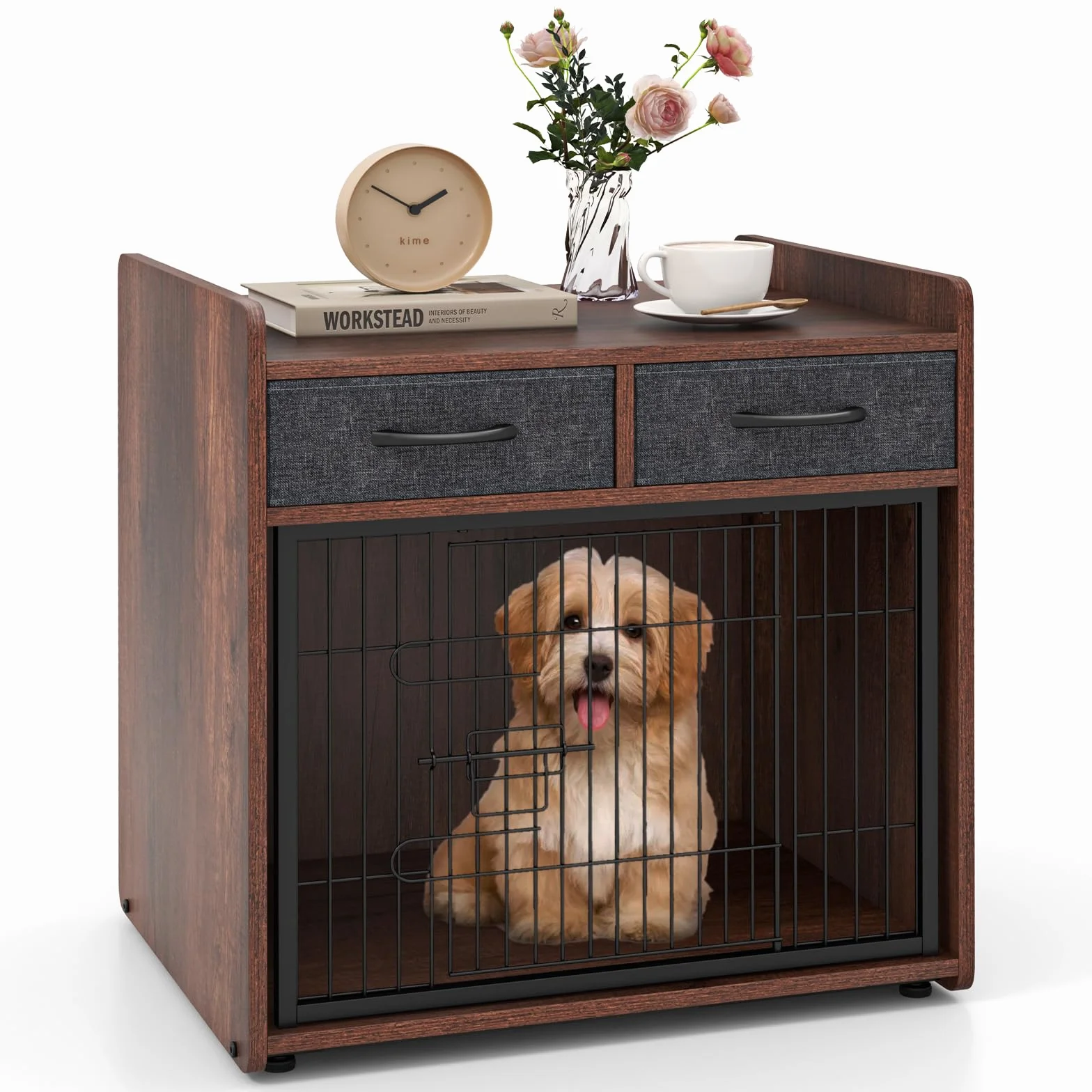 GOPLUS Mueble para Perros, Caja de Madera con 2 Cajones de Tela, Puerta Bloqueable, Caseta para Perro Interior, Mesa de Caja Resistente para Perros Pequeños y Medianos