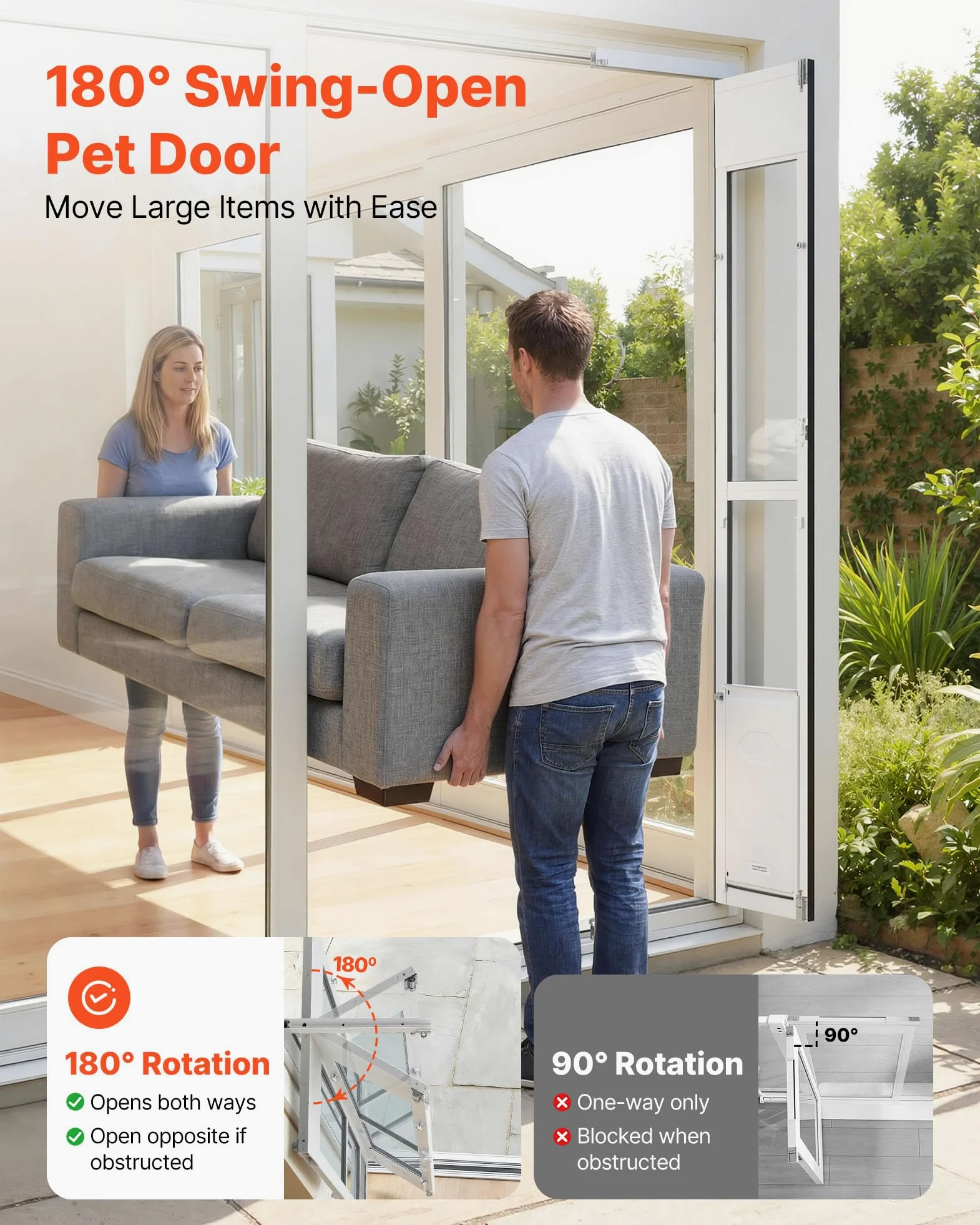 VEVOR Puerta Batiente de Vidrio con Entrada para Perros, Puerta para Mascota 26 x 41,3 cm, Marco de Aleación de Aluminio, Instalación sin taladrar, Compatible con Perros Grandes Gatos, Color Blanco