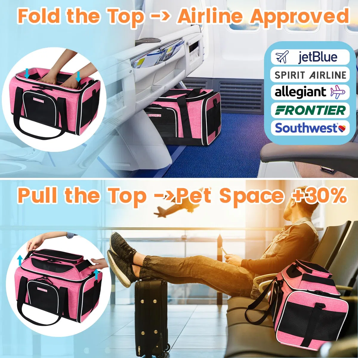 Petskd Transportín expandible de 41,18 x 30,48 x 21,59 cm, aprobado por JetBlue, Allegiant y Spirit, blando, para perros y gatos pequeños, con cremalleras de seguridad y malla antiarañazos (rosa)