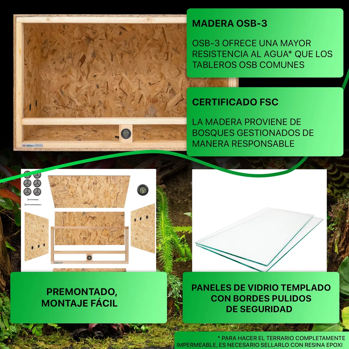 ITA Terrario para Camaleón 120x60x60 cm con ventilación de superficie e higrómetro integrado - Terrario de madera de OSB-3 placas - Terrarios para camaleones y otras especies animales - Producto de la