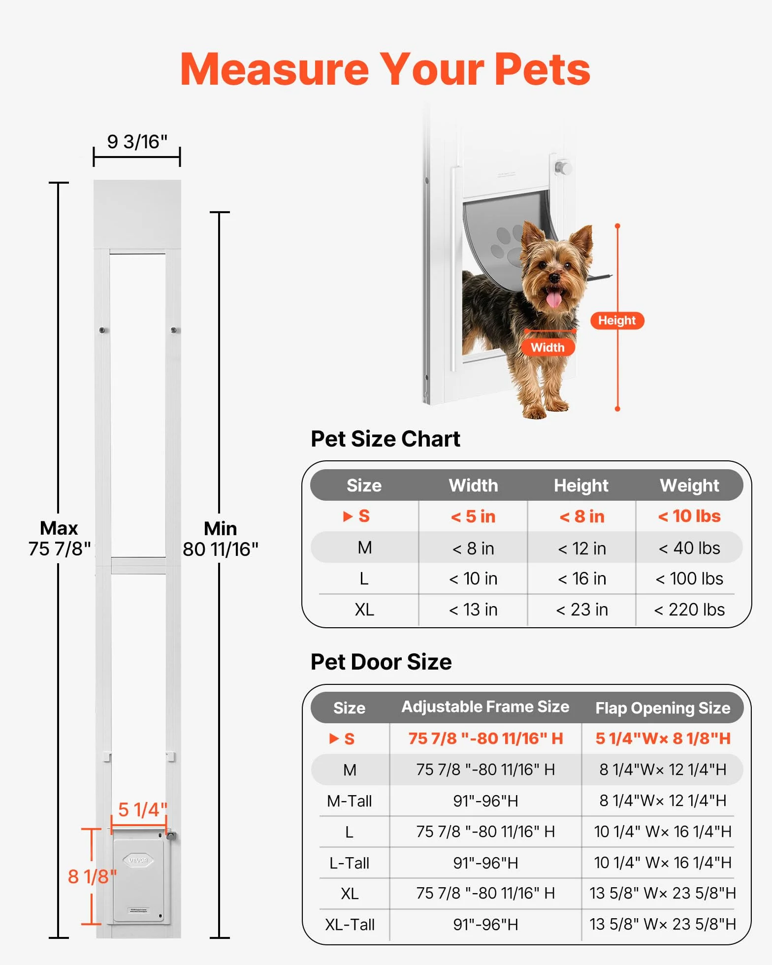 VEVOR Puerta Corrediza de Vidrio con Entrada para Perros, Altura Ajustable, Puerta para Mascota 20,6 x 13,3 cm, Compatible con Perros Pequeños, Marco de Aluminio, para Patio Balcón Terraza, Blanco
