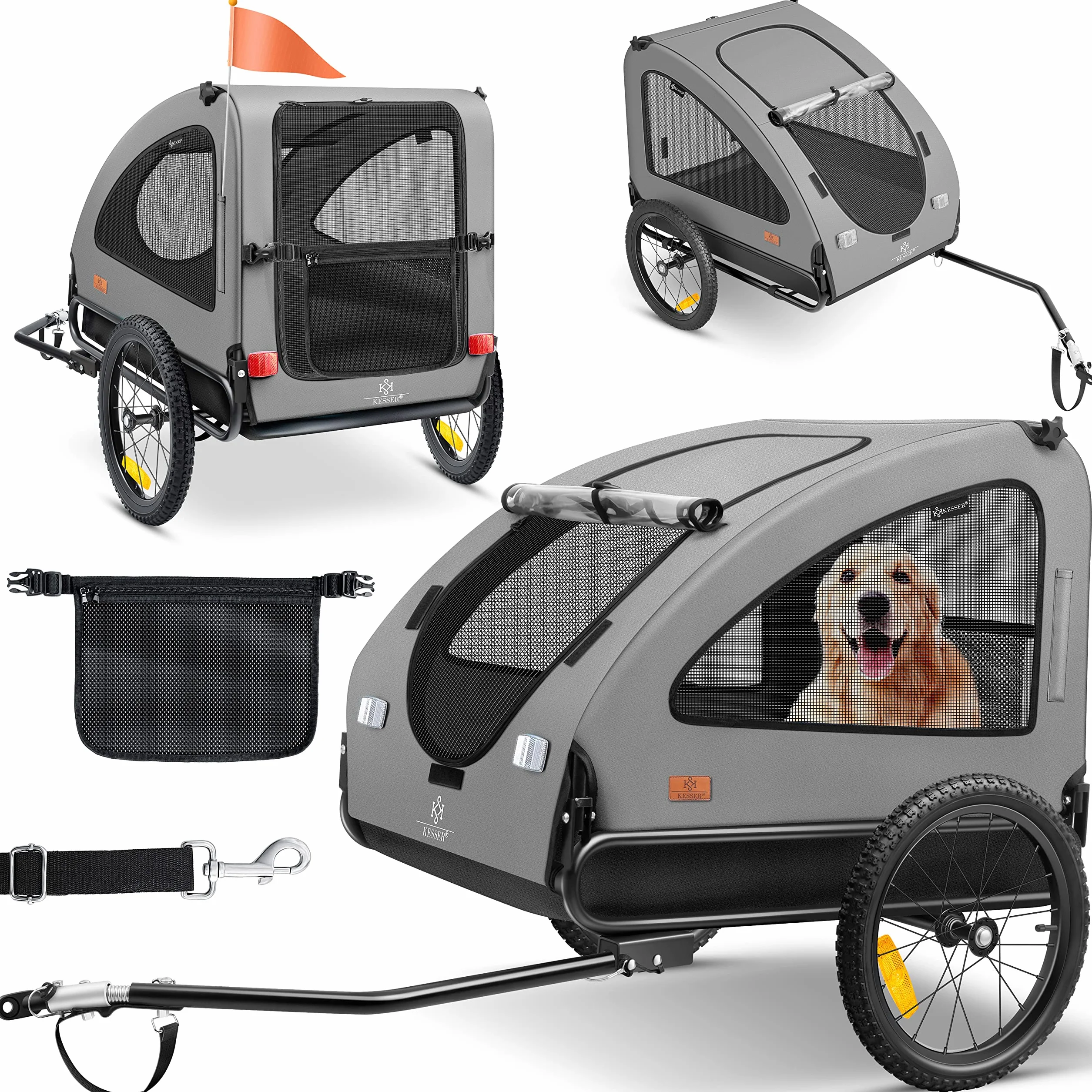 KESSER® Boxer 2 en 1, Remolque para Perros, Silla de Paseo para Perros, Remolque de Bicicleta Grande Aprox. 250 l de Volumen. Incl. Bandera y Bolsa, Lona Oxford 600D, máxima: 45 kg Gris/Negro