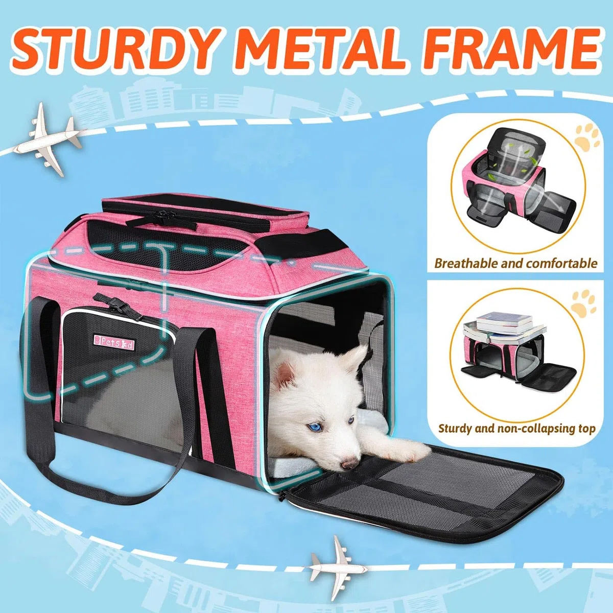 Petskd Transportín expandible de 41,18 x 30,48 x 21,59 cm, aprobado por JetBlue, Allegiant y Spirit, blando, para perros y gatos pequeños, con cremalleras de seguridad y malla antiarañazos (rosa)