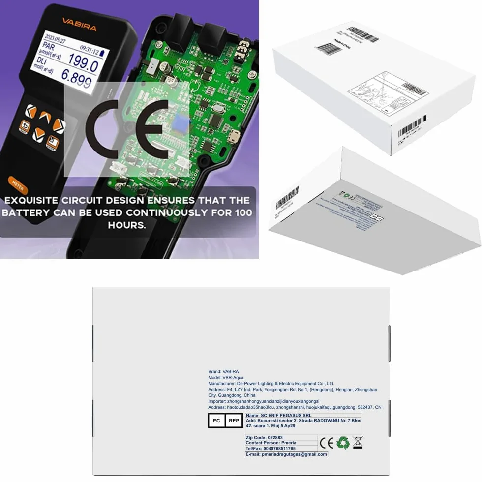 VBR-AQUA IP68 Medidor PAR para acuario, arrecife.R, G, B PAR por separado.Con una varilla telescópica de 3 pies