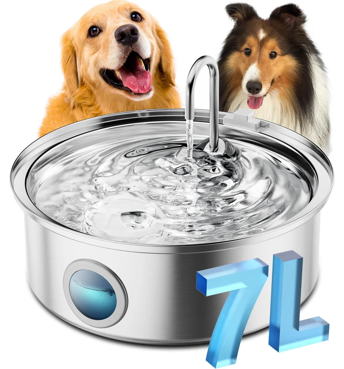 oneisall 7L Fuente para Perros, Fuente de Acero Inoxidable con Gran Ventana de visualización, con luz LED, Bomba Ultra silenciosa con protección contra sobrecarga, filtración de 5 Capas