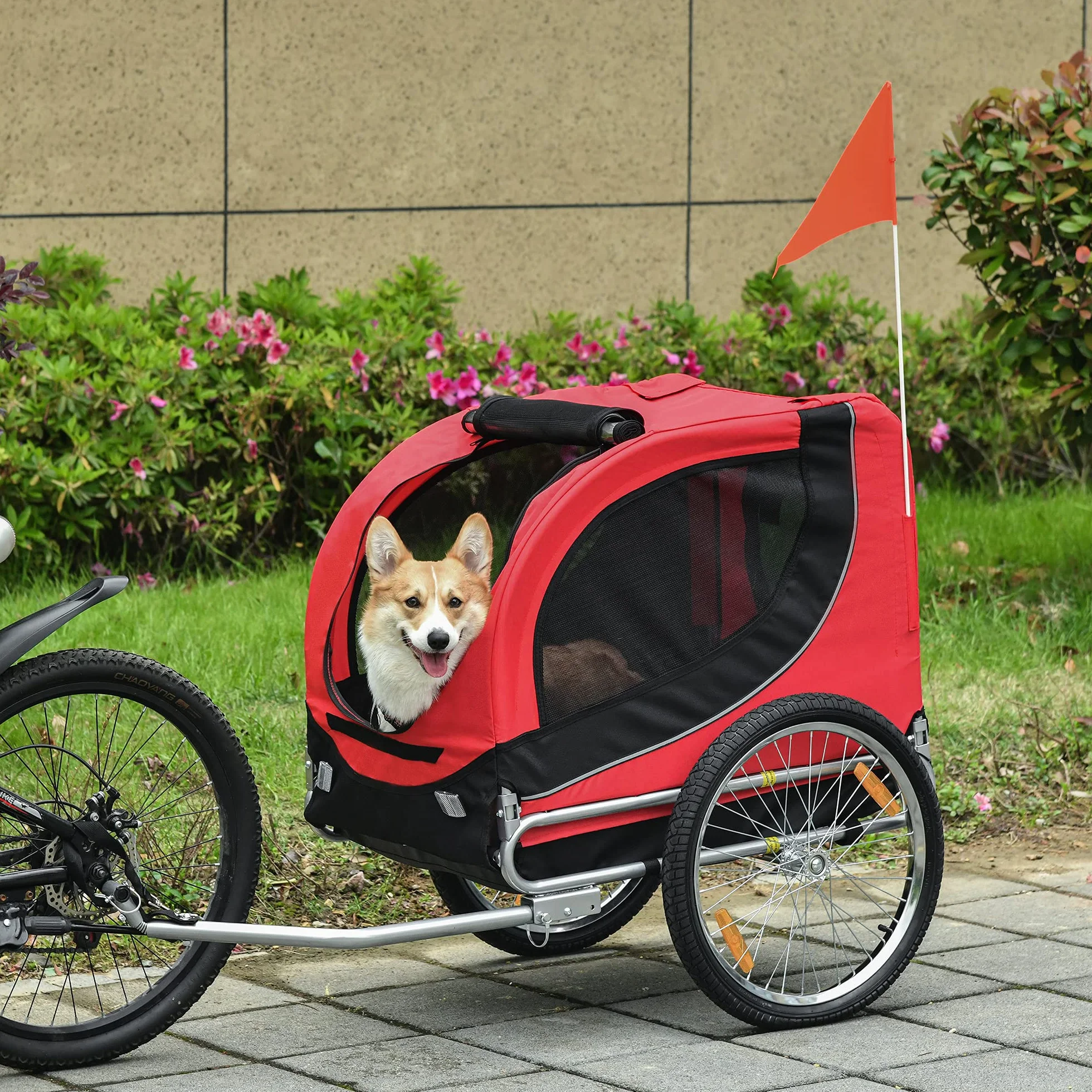 PawHut Remolque Bicicleta Perros Mascota 1 Bandera 8 Reflectores Remolque Bici 130x73x90 cm Rojo Negro