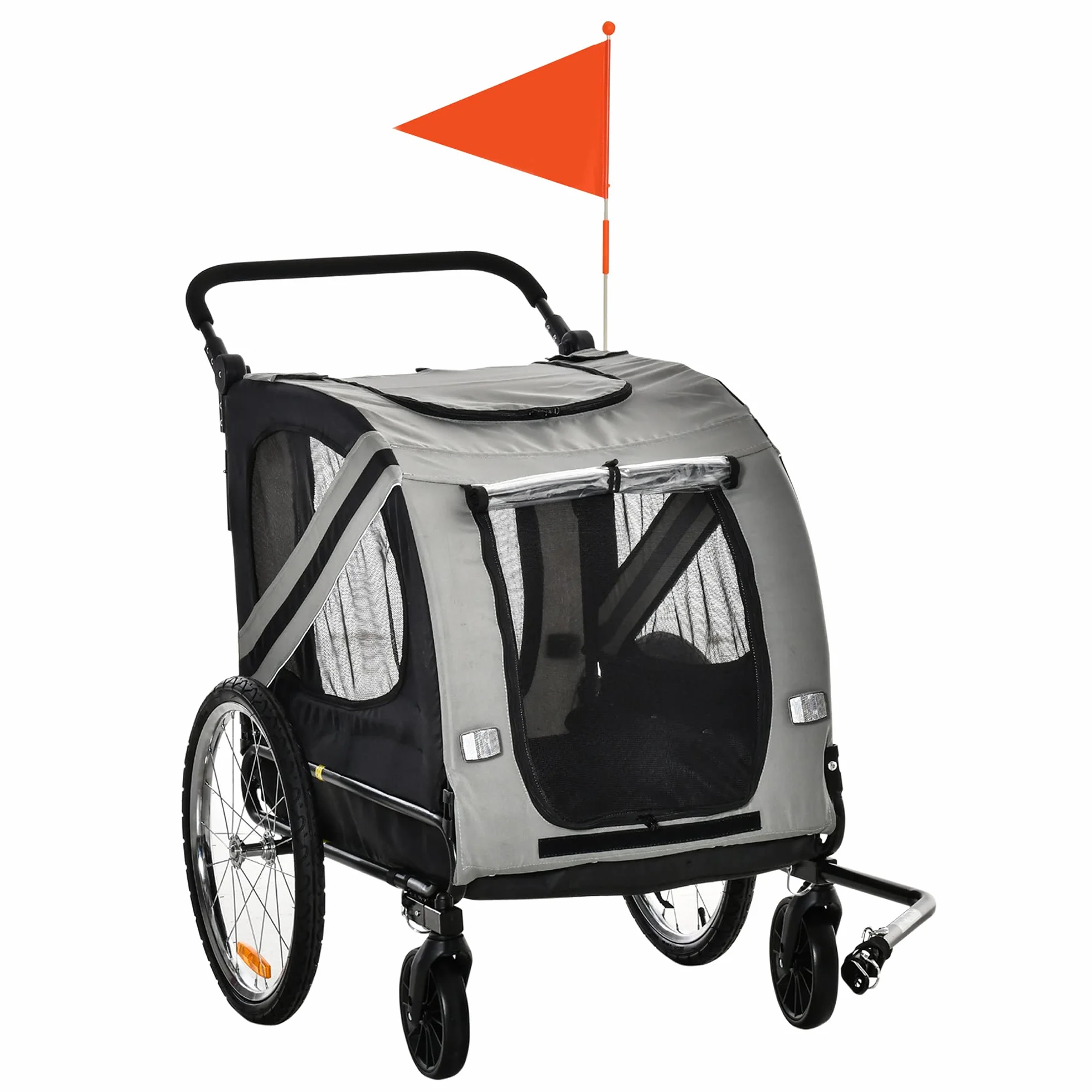 PawHut Remolque de Bicicleta para Perros 2 en 1 Carrito de Transporte para Mascotas con Puertas Enrollables Cinturón de Seguridad Bandera y 6 Reflectores Carga 30 kg 140x72,5x108 cm