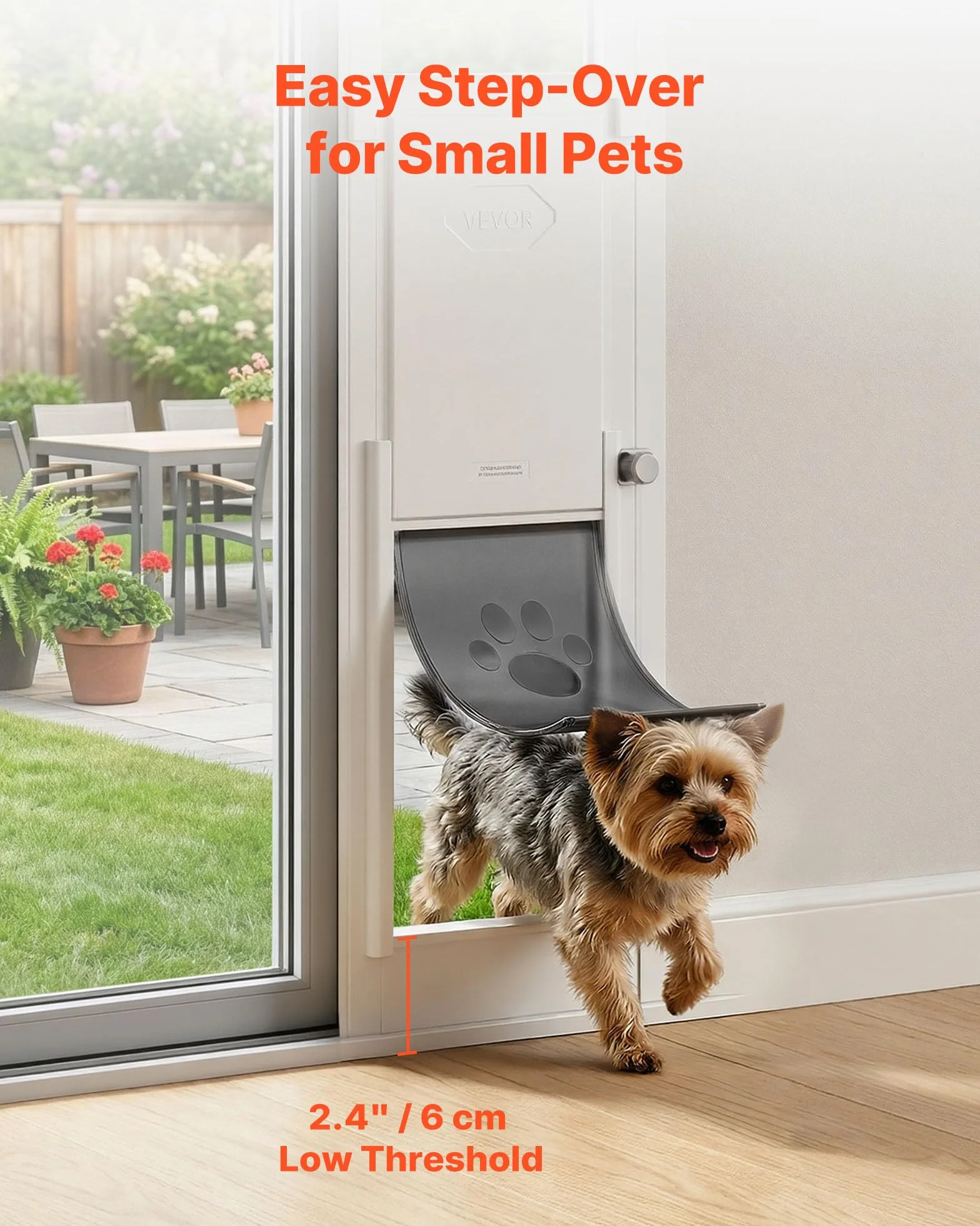 VEVOR Puerta Corrediza de Vidrio con Entrada para Perros, Altura Ajustable, Puerta para Mascota 20,6 x 13,3 cm, Compatible con Perros Pequeños, Marco de Aluminio, para Patio Balcón Terraza, Blanco