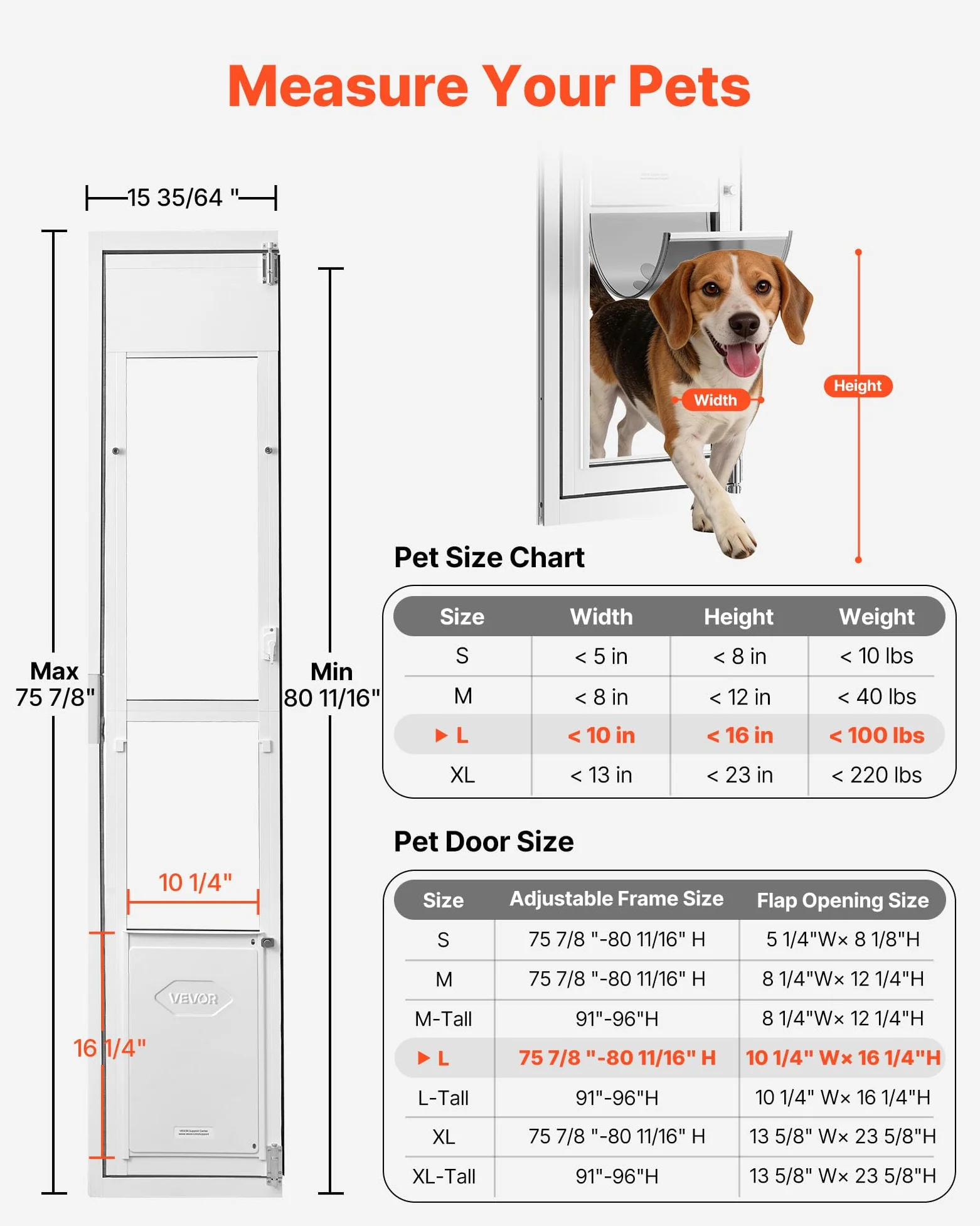 VEVOR Puerta Batiente de Vidrio con Entrada para Perros, Puerta para Mascota 26 x 41,3 cm, Marco de Aleación de Aluminio, Instalación sin taladrar, Compatible con Perros Grandes Gatos, Color Blanco