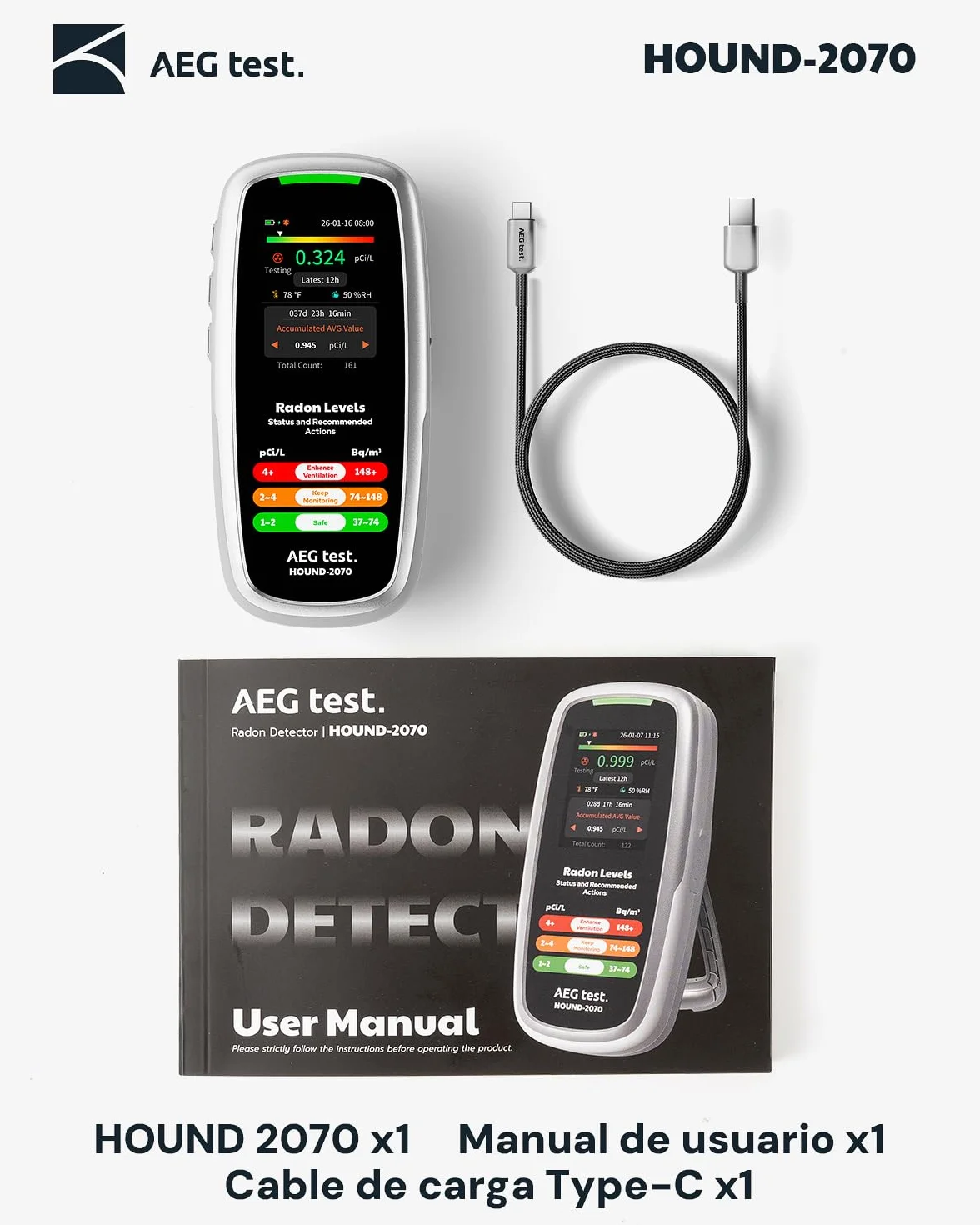 HOUND-2070 Detector de Radón para Hogar, Pantalla de Temperatura y Humedad, 504 Días de Almacenamiento de Datos, Recargable, Analizador de Radón 3-en-1 Portátil para Sótano, pCi/L o Bq/m³