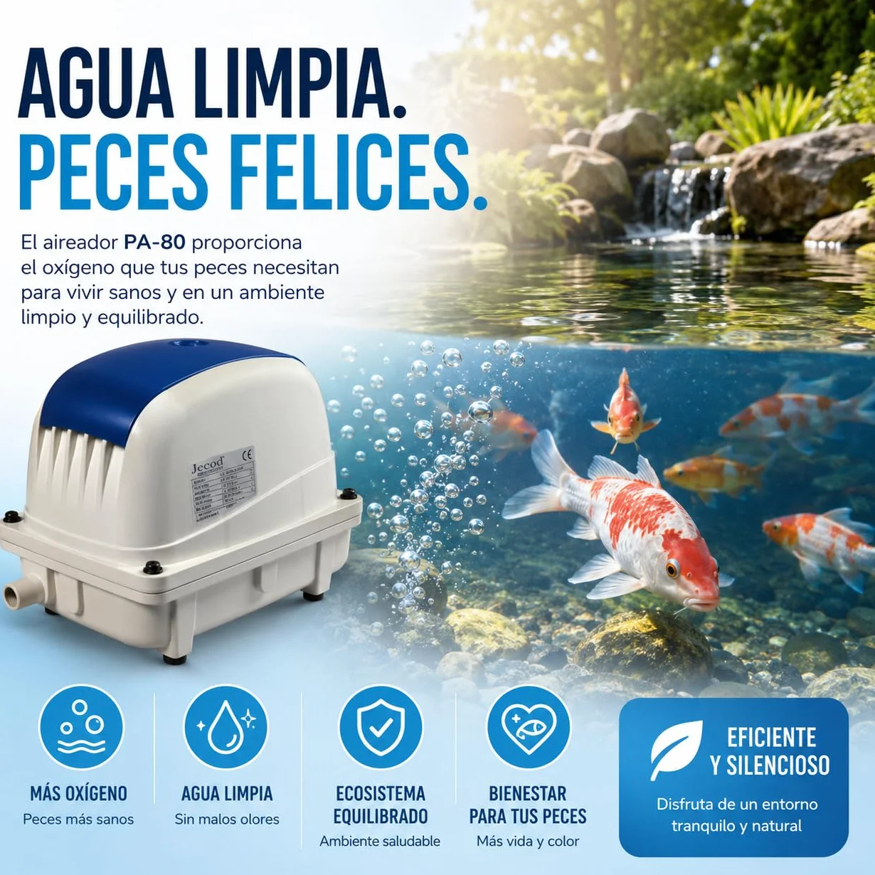 Compresor de Aire Jecod PA-80 para Acuario, Estanque y Fosa Séptica – Bomba de Aire Silenciosa, Oxigenador Potente Bajo Consumo