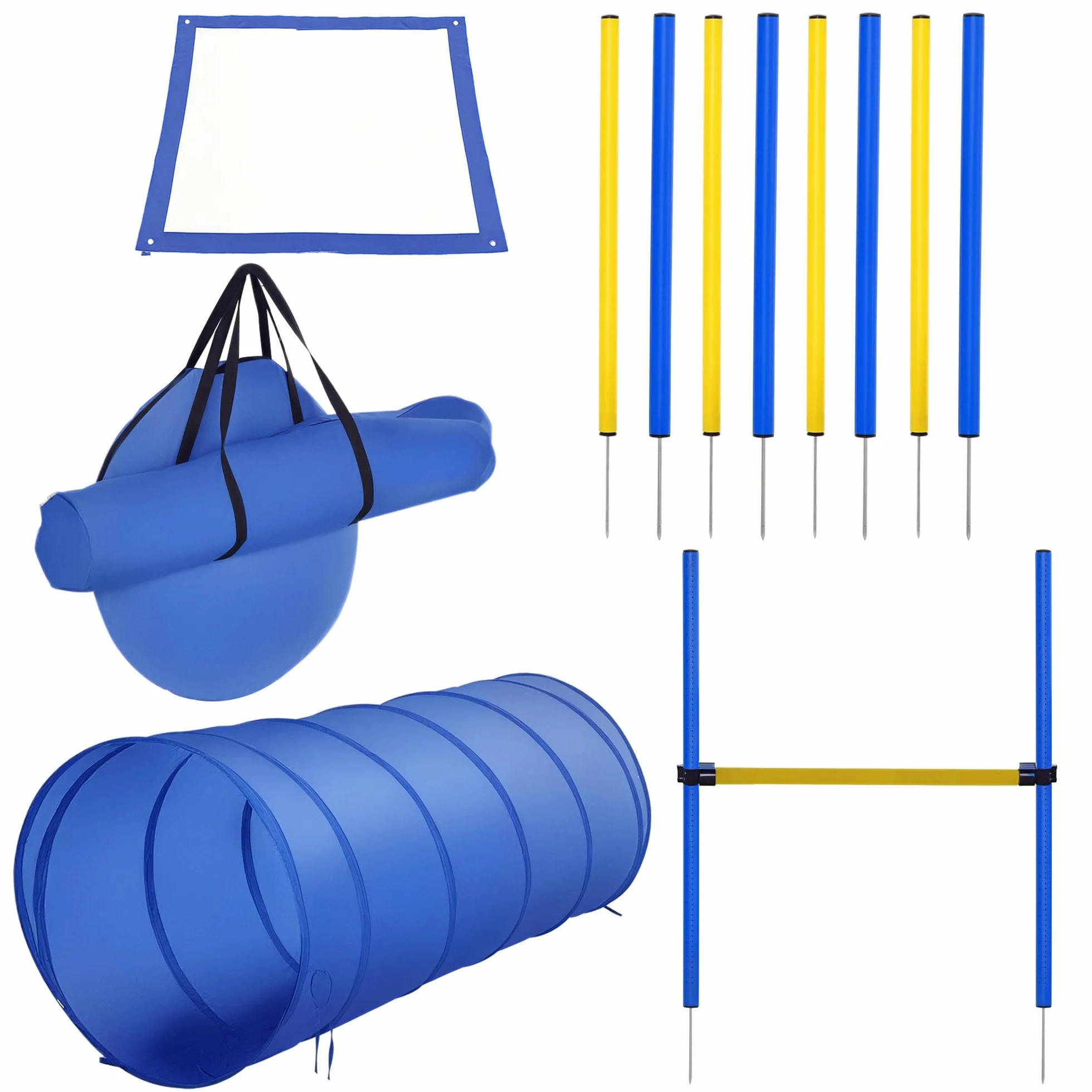 Set de Entrenamiento de Agilidad para Perros Obstáculos de Salto con Altura Ajustable Túnel para perros para Exteriores con Bolsa de Transporte 60x60x148 cm Azul y Amarillo