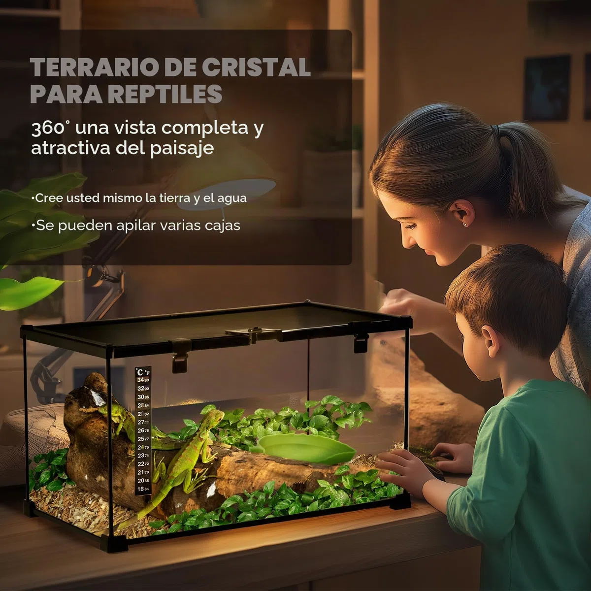 PawHut - Caja de reptiles (50 x 30 x 25 cm), color negro