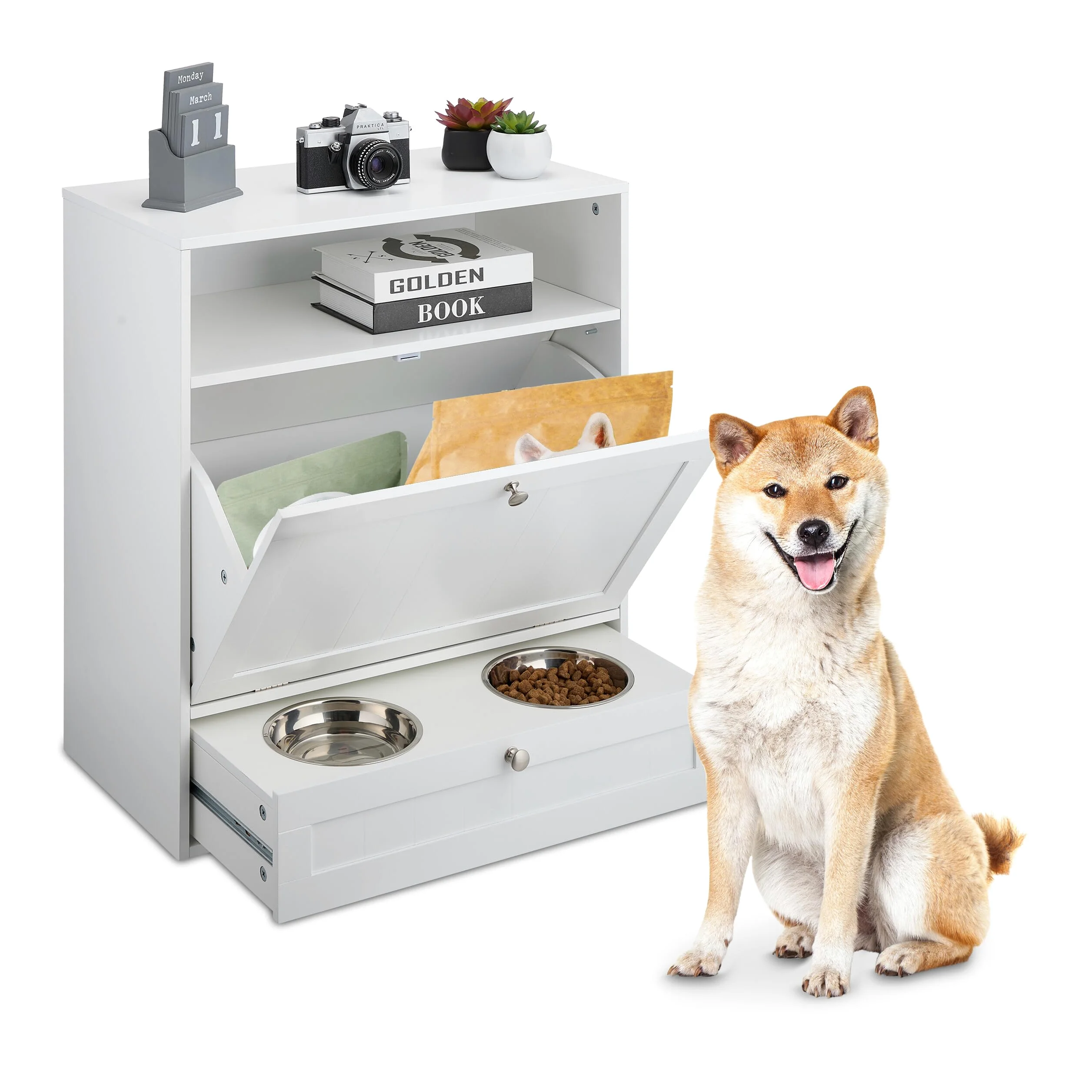Relaxdays Armario de Comida para Perros, Cajón con 2 Tazones, Espacio para Pienso, 68x60x33cm, MDF, Blanco