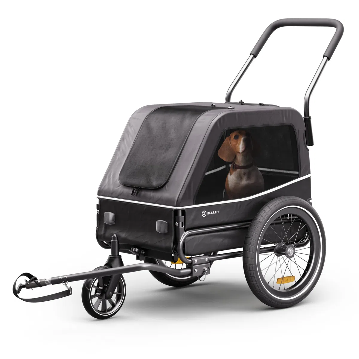 Klarfit Goldie S Remolque Bicicleta Perro, Carro Bici Plegable con Correa Integrada, Poliester Impermeable, Doble Fijación, Reflectores & Cubierta para Lluvia, Carga Máx 45kg, Gris Oscuro