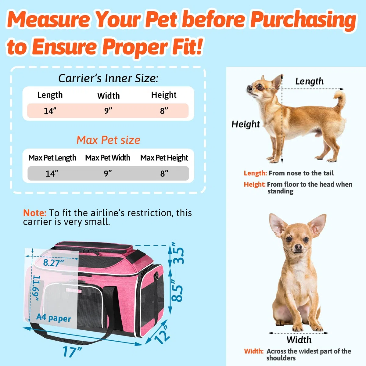 Petskd Transportín expandible de 41,18 x 30,48 x 21,59 cm, aprobado por JetBlue, Allegiant y Spirit, blando, para perros y gatos pequeños, con cremalleras de seguridad y malla antiarañazos (rosa)