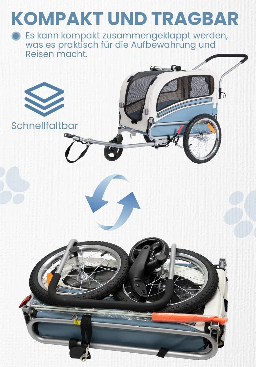 Sepnine Remolque Bicicleta Perros Carro Cochecito para Transporte Mascota 2 en 1 Convertible En Carro para Correr con Barra Y Kit De Footing Azul