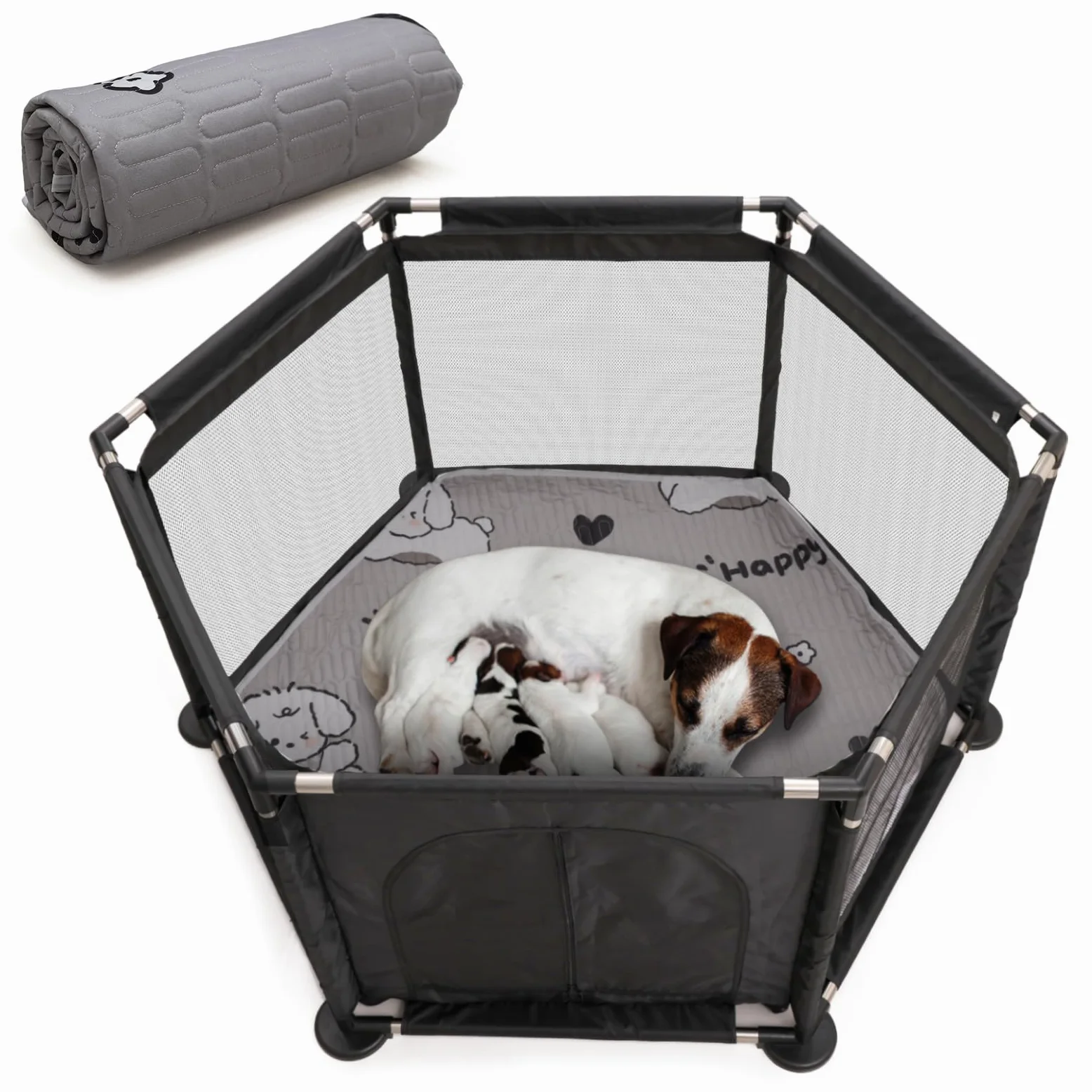 Caja hexagonal para partos extra altos + almohadilla de parto para perros grandes y pequeños, suministros esenciales para perros, cachorros, 122 x 65 cm, color negro