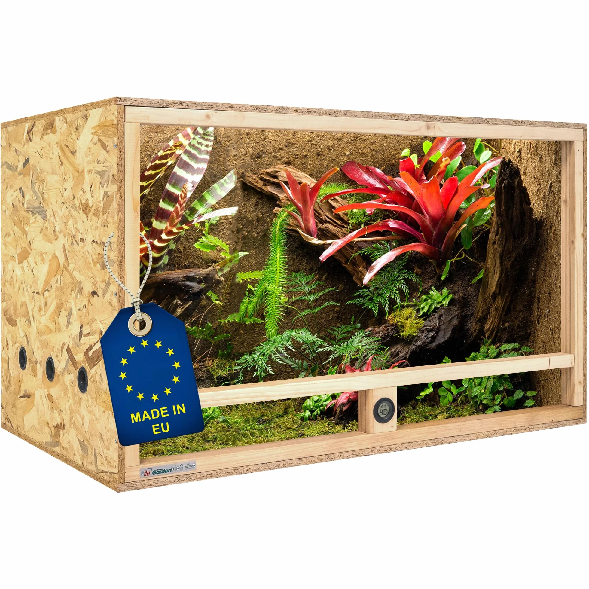 ITA Terrario de Madera 120x60x60 cm con ventilación Lateral e higrómetro Integrado - Terrarios de OSB-3 - para Reptiles, Serpientes, Anfibios - Producto UE, Certificado FSC
