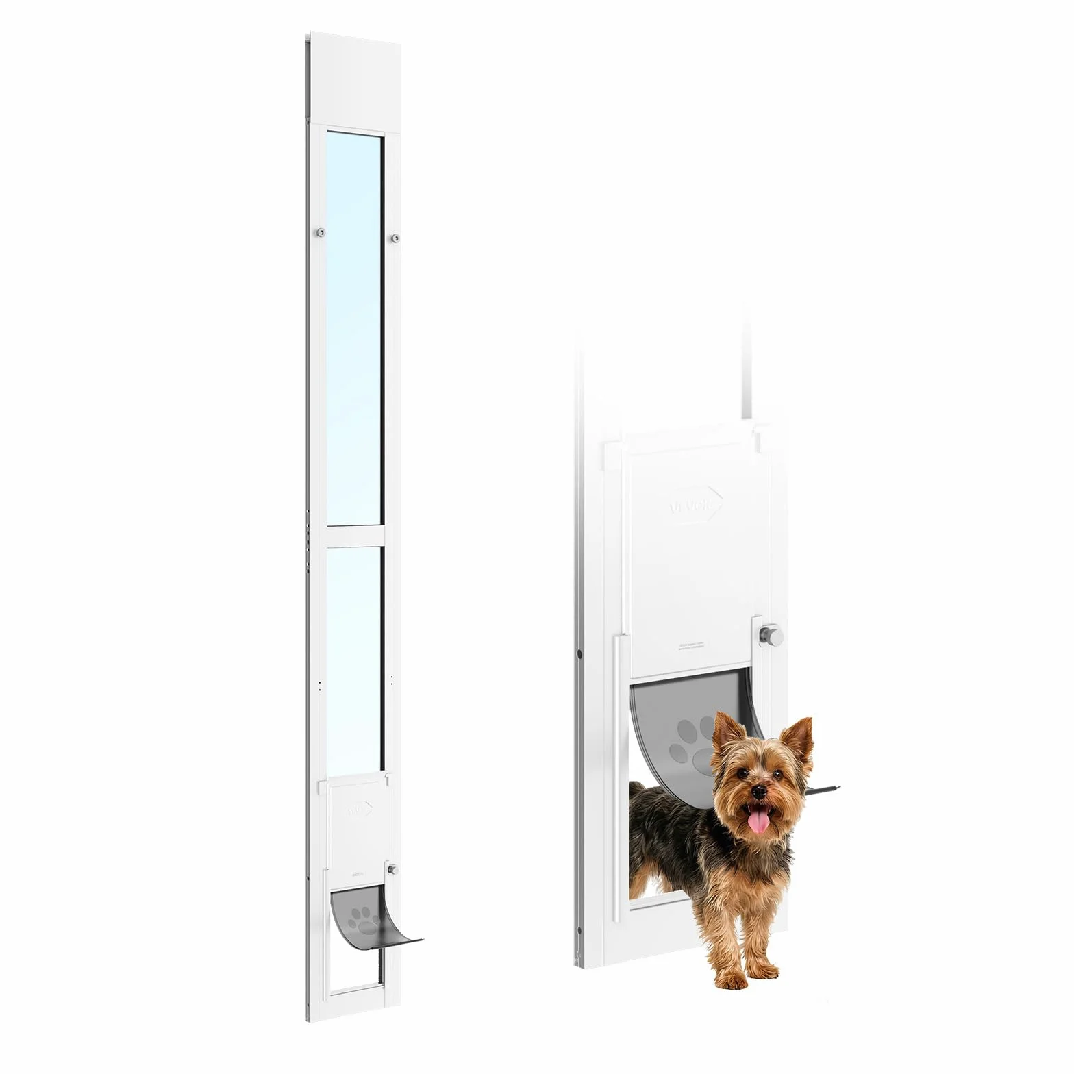 VEVOR Puerta Corrediza de Vidrio con Entrada para Perros, Altura Ajustable, Puerta para Mascota 20,6 x 13,3 cm, Compatible con Perros Pequeños, Marco de Aluminio, para Patio Balcón Terraza, Blanco