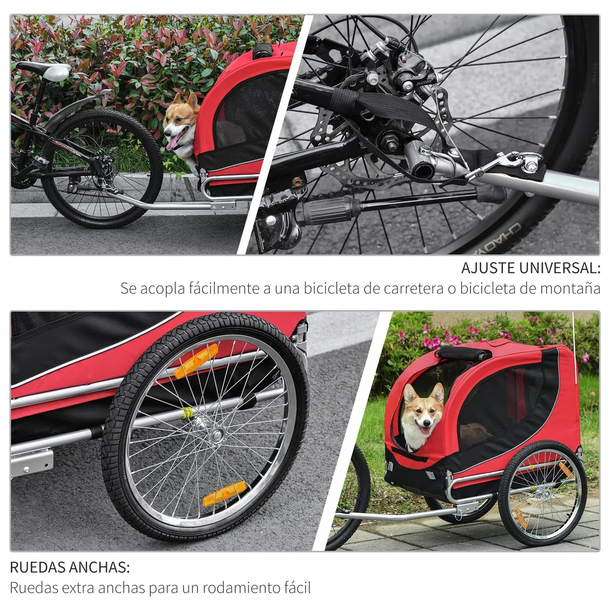 PawHut Remolque Bicicleta Perros Mascota 1 Bandera 8 Reflectores Remolque Bici 130x73x90 cm Rojo Negro